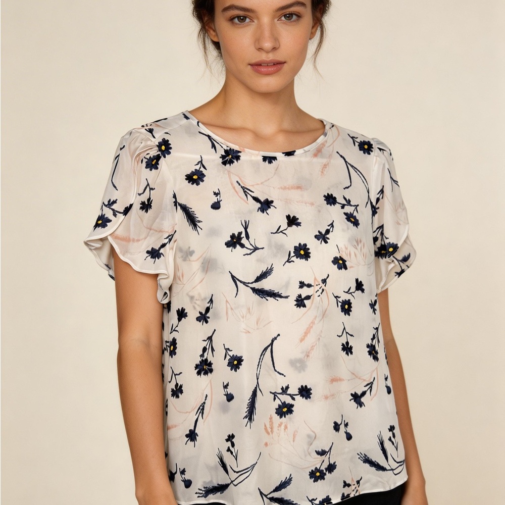 Joie Cream Floral Short-Sleeve Silk Blouse